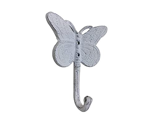 HANDCRAFTED NAUTICAL DÉCOR Whitewashed Cast Iron Butterly Decorative Metal Wall Hook 5"