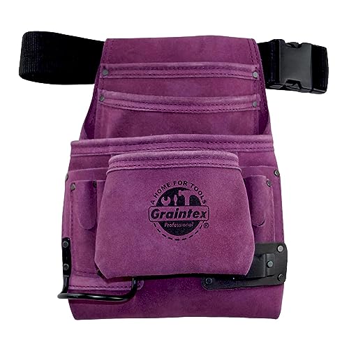 Graintex 10 Pocket Nail & Tool Pouch W/Belt PVC Buckle, Suede Leather Tool Bag, Tool Belt for Constructors, Electricians, Handymen, HVAC Tools, Professional Organizer