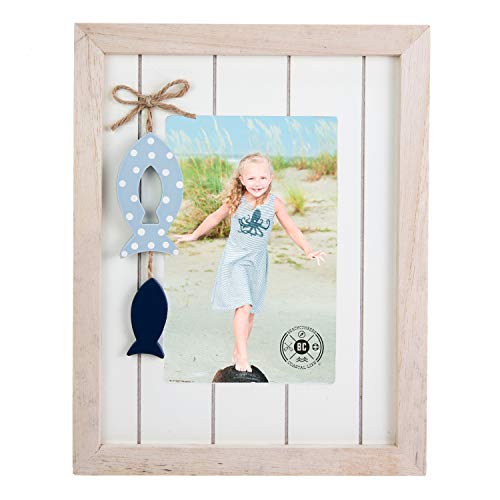 Beachcombers 4X6 Frame With 2 Hanging Fish Nautical Photo Frame Picture Holder For Wall Shelf Or Tabletop Decor Decoration Beige