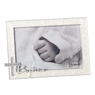 Roman Baptism Script With Jewel Tone Cross Swirled Ivory 7.25 x 5 Zinc Photo Frame