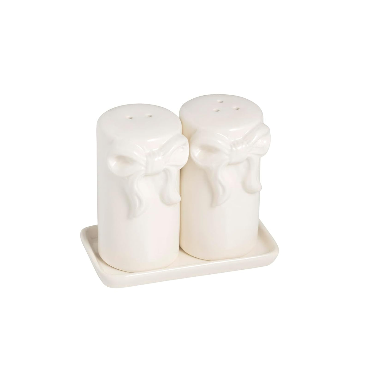 Mud Pie Food Shaker, shaker: 2" x 3 1/2" dia/tray: 3 1/2" x 4 1/4", White
