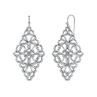 1928 Jewelry Diamond Symmetrical Silver Tone Filigree Drop Earrings For Women, Vintage Baroque Style Motifs