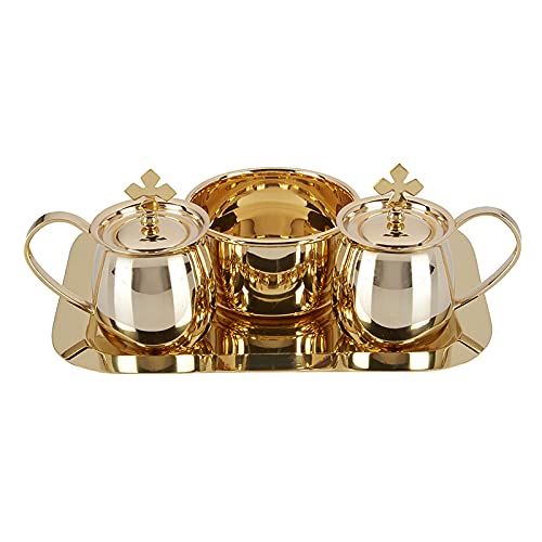 Christian Brands Catholic Sudbury Brass Cruet Set with Tray and Bowl, 5 Ounce