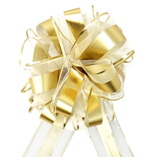 allgala GP90553 2.5 Inch (6.4CM) Width Organza Ribbon Pull Flower Bow for Gift Wrapping Baskets Wedding Décor (Pack of 10, Gold)