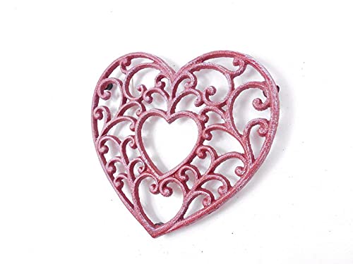 Hampton Iron HANDCRAFTED NAUTICAL D‚àö√¢COR Rustic Red Whitewashed Cast Iron Decorative Heart Kitchen Trivet 8"