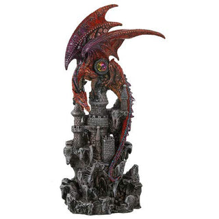 Pacific Giftware Guardian Dragon Protecting Castle with Rhinestone Rock Crystal Tabletop Decor Collectible Figurine Gift (12.75" Red)