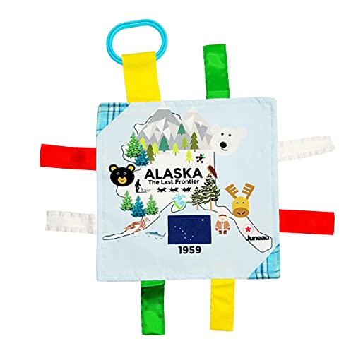 Baby Jack & Co 8x8” Learning Lovey Alaska State Tag Stroller Toy for Babies - Crinkle Toys for Developing Five Senses - Learn About Capitals - Travel with Baby Jack - BPA Free Clip