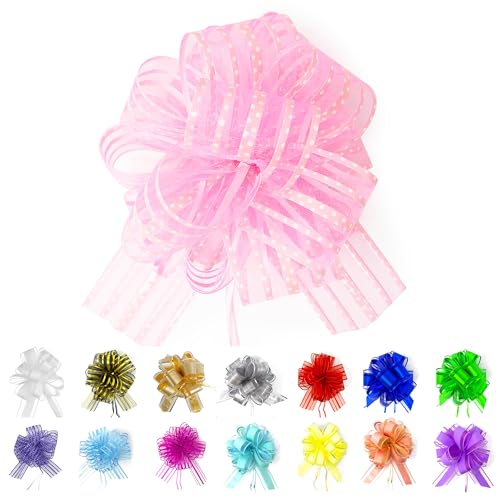 Allgala 12-PC 4 Inch Medium 3CM Organza Ribbon Pull Flower Bow for Gift Wrapping Baskets Wedding Décor - Pink-GP90609