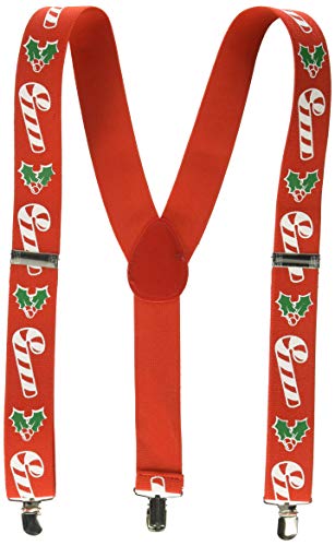 Beistle Adjustable Suspenders, Red Candy Cane and Holly, Adult Size