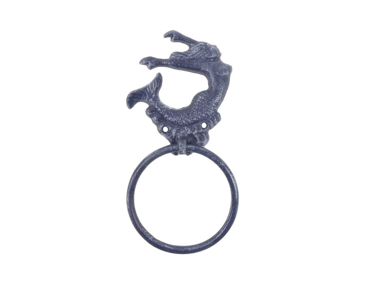 Hampton Iron HANDCRAFTED NAUTICAL DÉCOR Rustic Dark Blue Cast Iron Arching Mermaid Towel Holder 9"
