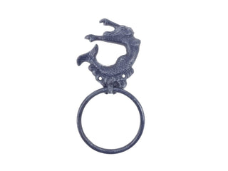Hampton Iron HANDCRAFTED NAUTICAL DÉCOR Rustic Dark Blue Cast Iron Arching Mermaid Towel Holder 9"