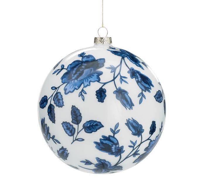 burton+BURTON burton + BURTON Large Christmas Blue Floral on White Glass Hanging Ornament, 6-inch Diameter, Christmas Holiday Decoration, 9748425