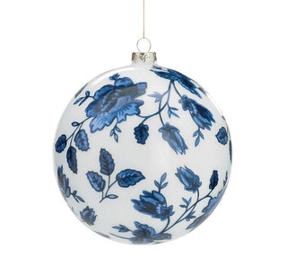 burton+BURTON burton + BURTON Large Christmas Blue Floral on White Glass Hanging Ornament, 6-inch Diameter, Christmas Holiday Decoration, 9748425