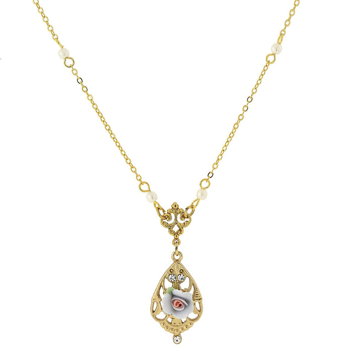 1928 Jewelry 14K Gold Dipped Lilac Blue Porcelain Rose with Crystal Accent Necklace 17
