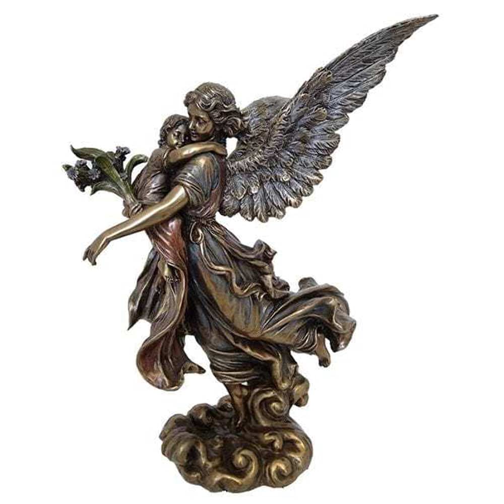 Unicorn Studios WU73501A4 Bronze Guardian Angel Holding a Child & a Flower Sculpture