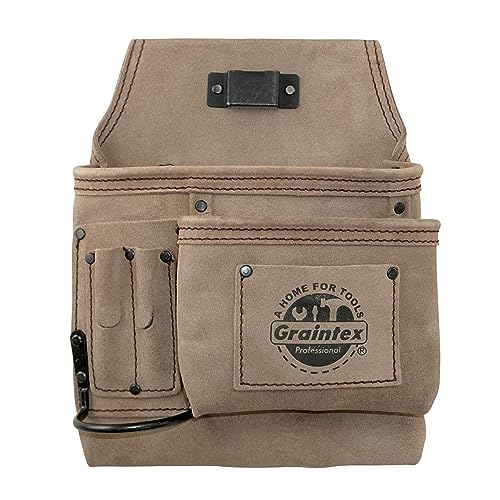 Graintex 5 Pocket Nail & Tool Pouch Suede Leather for Constructors, Electricians, Plumbers, Handymen (Beige, Right Handed)