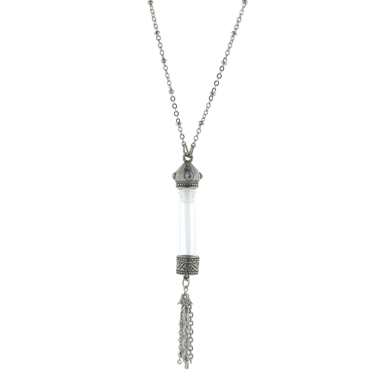 1928 Jewelry Glass Vial With Blue Crystal Stone Tassel Necklace 30 Inches