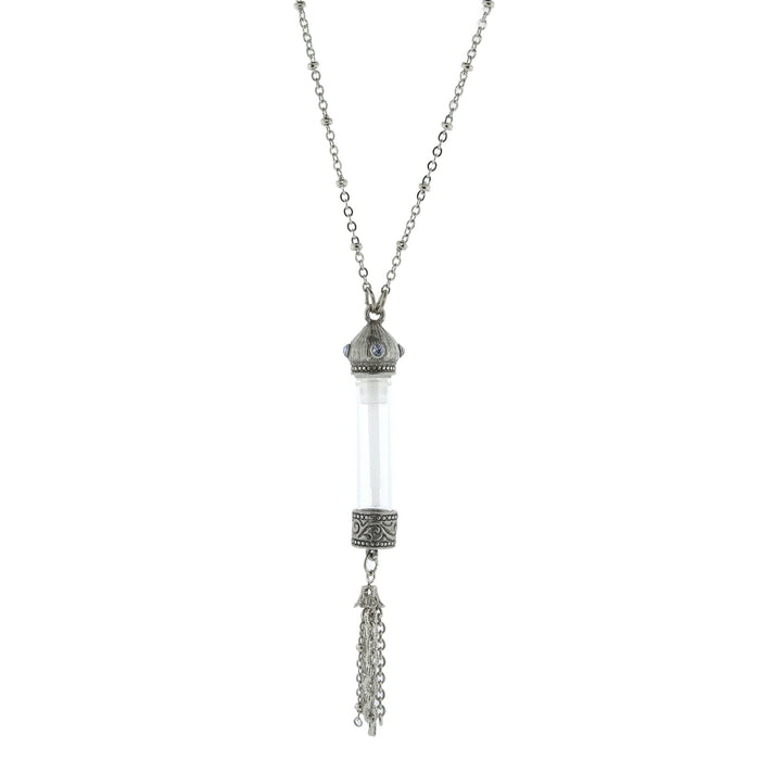 1928 Jewelry Glass Vial With Blue Crystal Stone Tassel Necklace 30 Inches