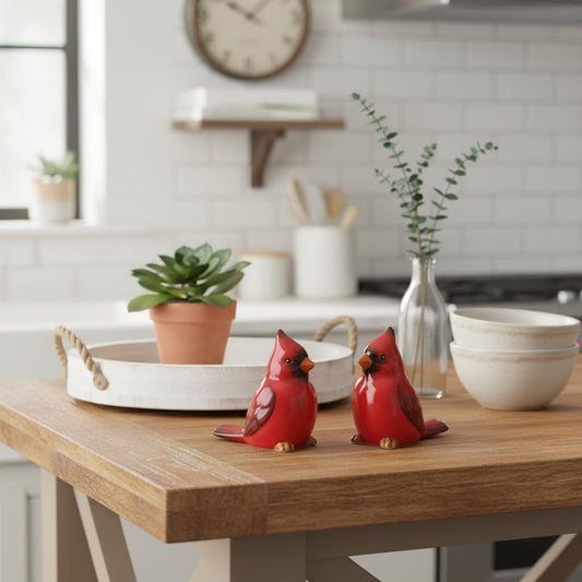 Comfy Hour Farmhouse Home Decor Collection 2.4" Two Red Feather Cardinals Salt and Pepper Bottle Dolomite Figurine, Set of 2, Red