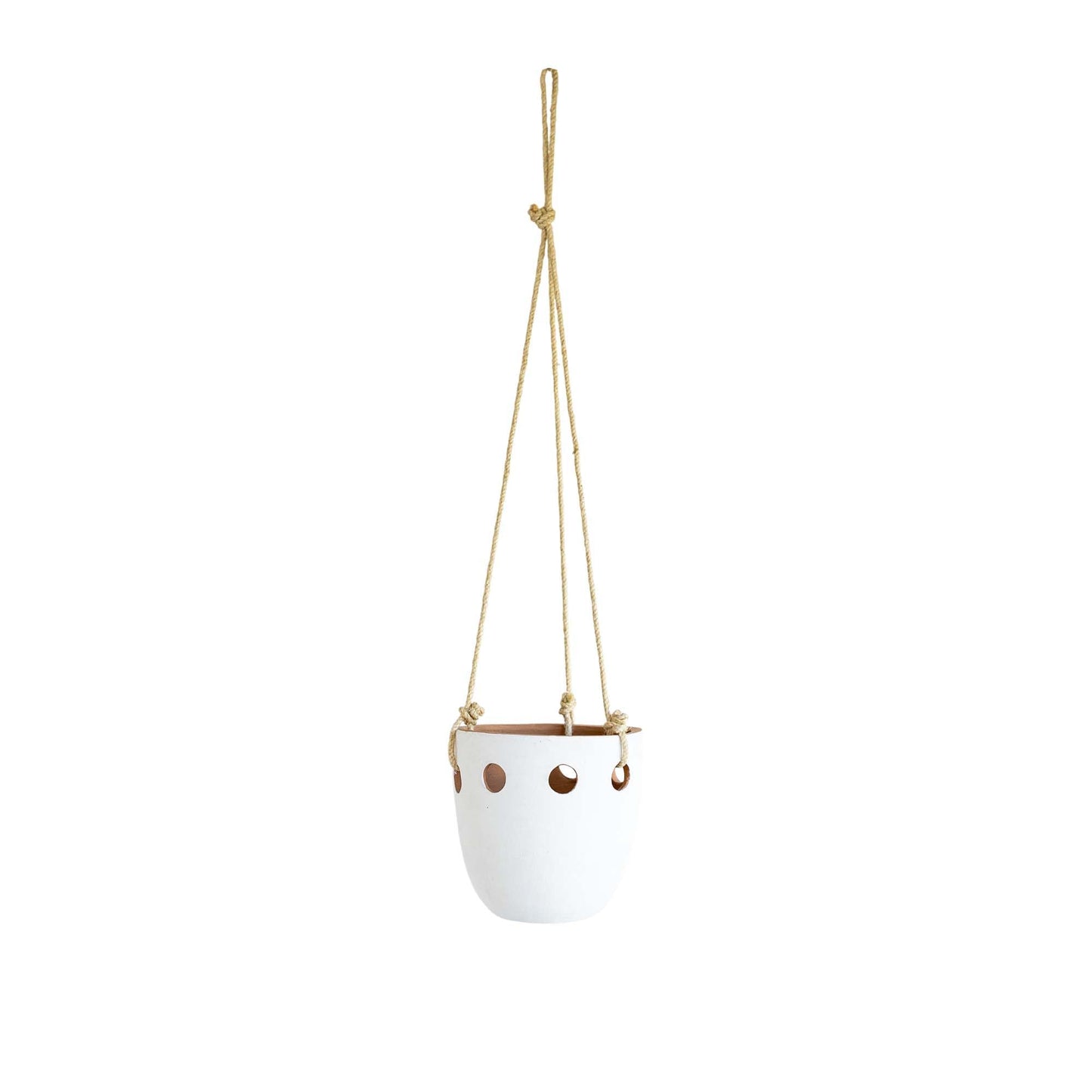 Foreside Home & Garden Round Cutout Hanging Planter White Terracotta & Jute