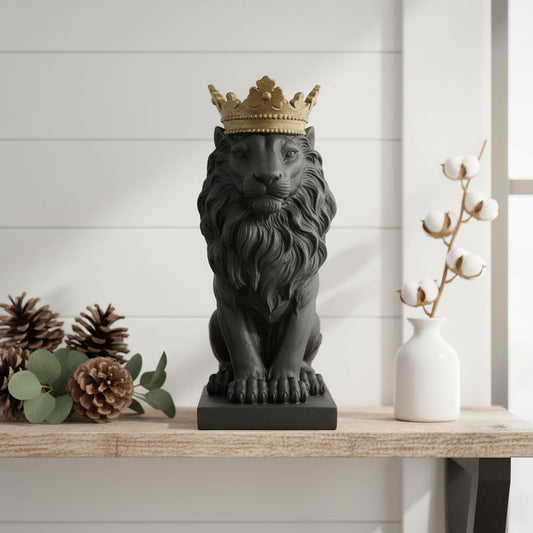 Comfy Hour Farmhouse Home Decor Collection 15" Resin Stone Lion Figurine King of Forest Statue Sculpture Home Decoration, Black & Gold