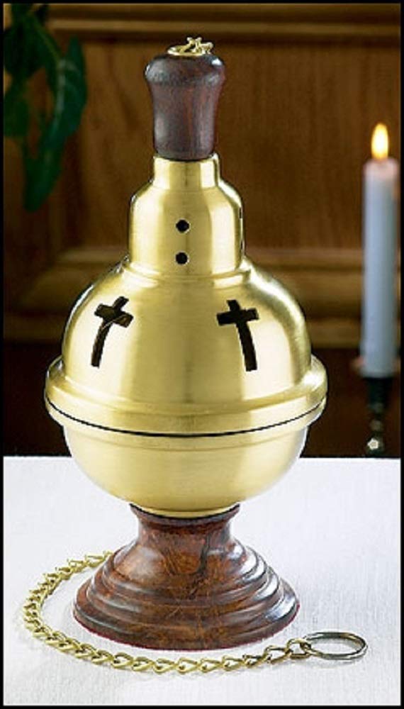 Christian Brands Sudbury Brass Single Chain Censer on Wood Base, 9 Inch