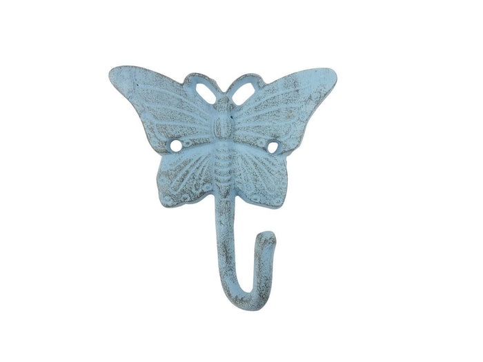 Hampton Iron HANDCRAFTED NAUTICAL DÉCOR Rustic Light Blue Cast Iron Butterfly Hook 6"