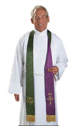 Christian Brands Purple and Green Embroidered Holy Trinity Cross with Crown Reversible Clergy Jacquard Stole