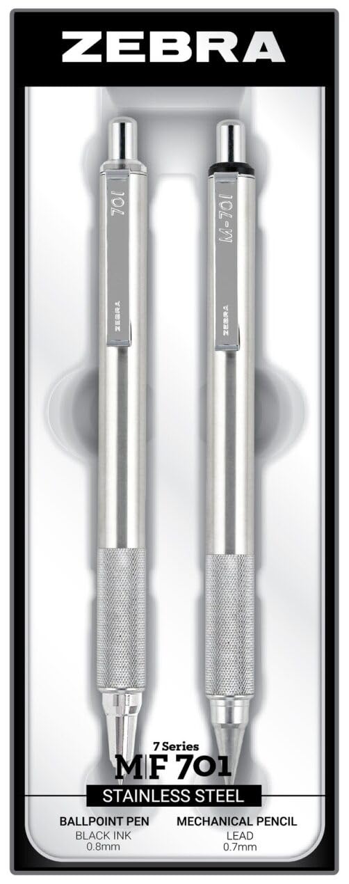 Zebra Pen M/F 701 Stainless Steel Mechanical Pencil and Ballpoint Pen Set, Fine Point, 0.7mm HB Lead and 0.8mm Black Ink, 2-Count Gift Set, Silver (10519)