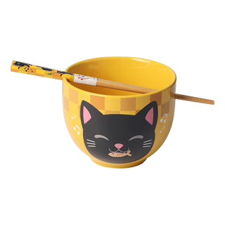 Urban Tokyo Neko Friends Ceramic Glazed Japanese Ramen Udon Noodle Rice Bowl With Chopsticks 18 fl oz 5 inch Diameter Bowl Sets Color Box Packaging (Yellow)