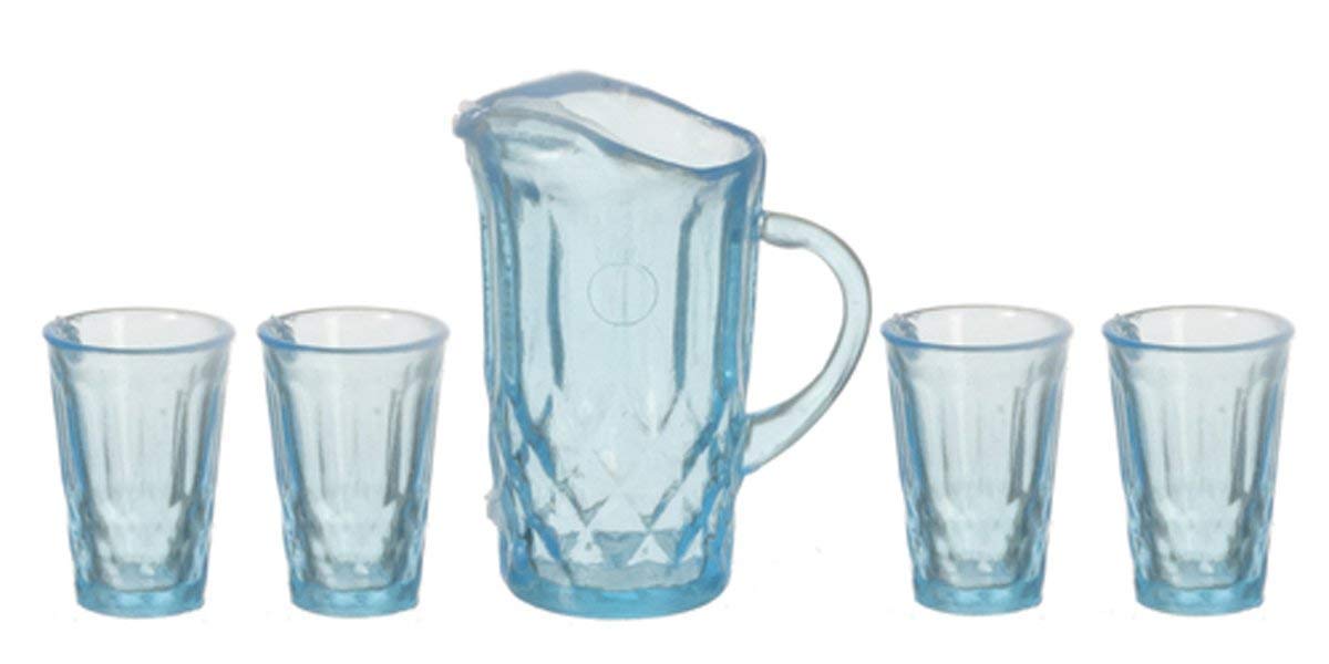 Aztec Imports Dollhouse Miniature Chrysnbon Blue Pitcher with 4 Glasses