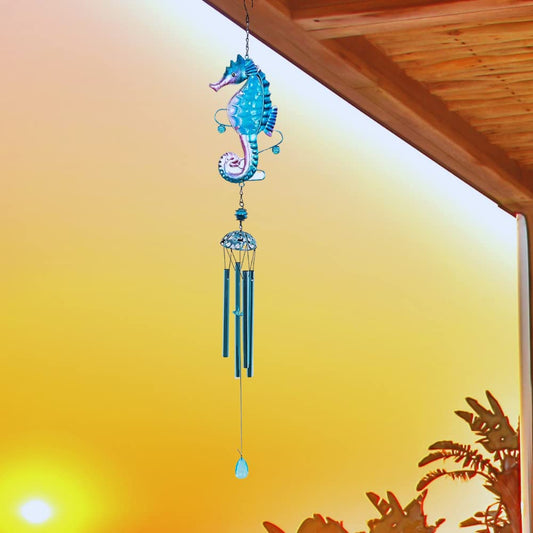 Comfy Hour Farmhouse Home Decor Collection Metal Art 35" Seahorse Ocean Wild Animal Windchime Hanging Windbell Blue