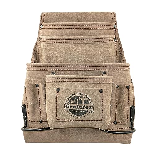 Graintex 10 Pocket Nail & Tool Pouch, Beige Color Suede Leather Tool Bag, Tool Belt for Constructors, Electricians, Handymen, HVAC Tools, Professional Organizer with Adjustable Fit - SS2170
