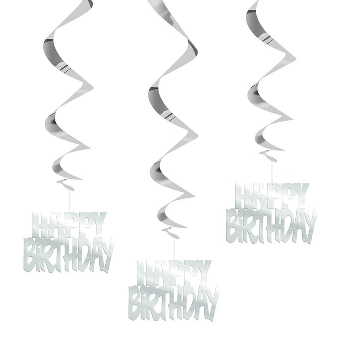 Unique Industries, Hanging Happy Birthday Decorations, 32 Inches, Party Supplies - Silver, Pack of 3