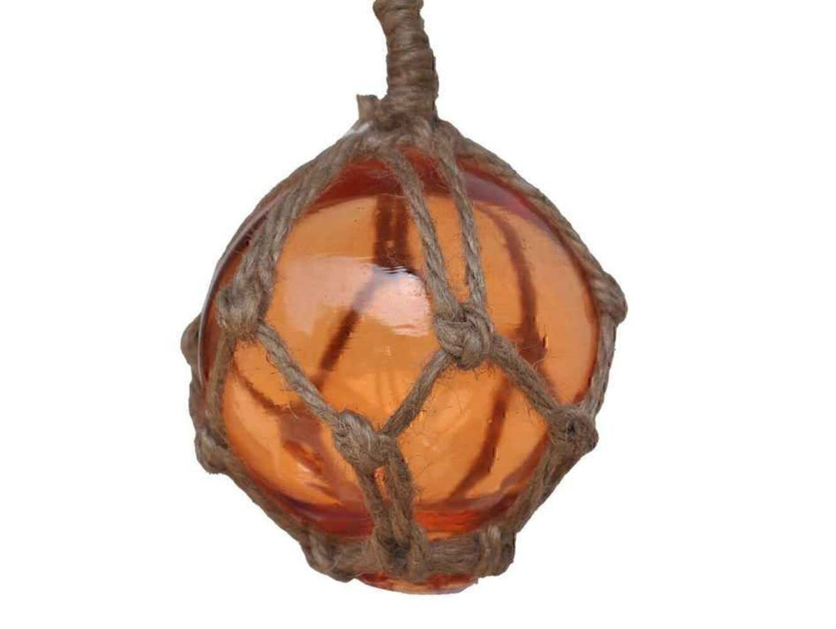Hampton Nautical Orange Japanese Glass Ball Fishing Float with Brown Netting Decoration 3"