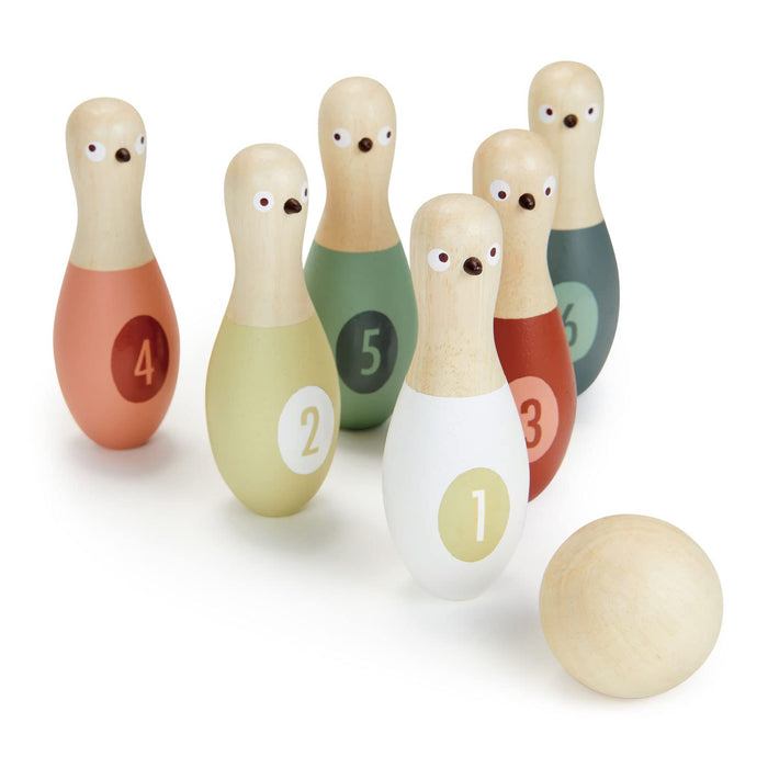Tender Leaf Toys - Birdie Skittles - Kids Bowling Set - 6 Solid Wood Bowling Pins, Ball and Storage Bag - Fun Physical Learning for Toddler - Develop Hand-Eye Coordination and Numeracy Skills - Age 3+