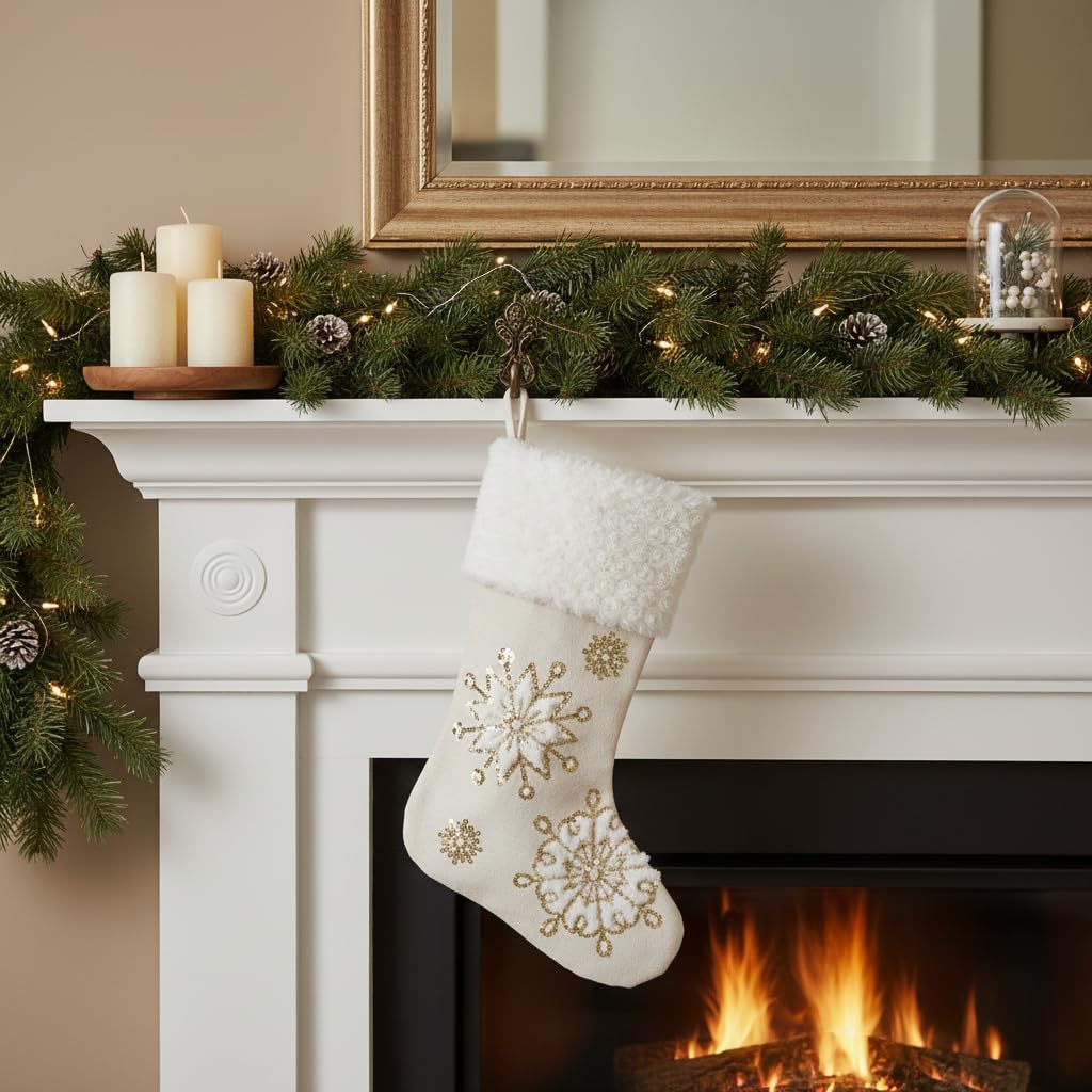 Comfy Hour 18 Inch Christmas Stocking, Gold Snowflake Decor