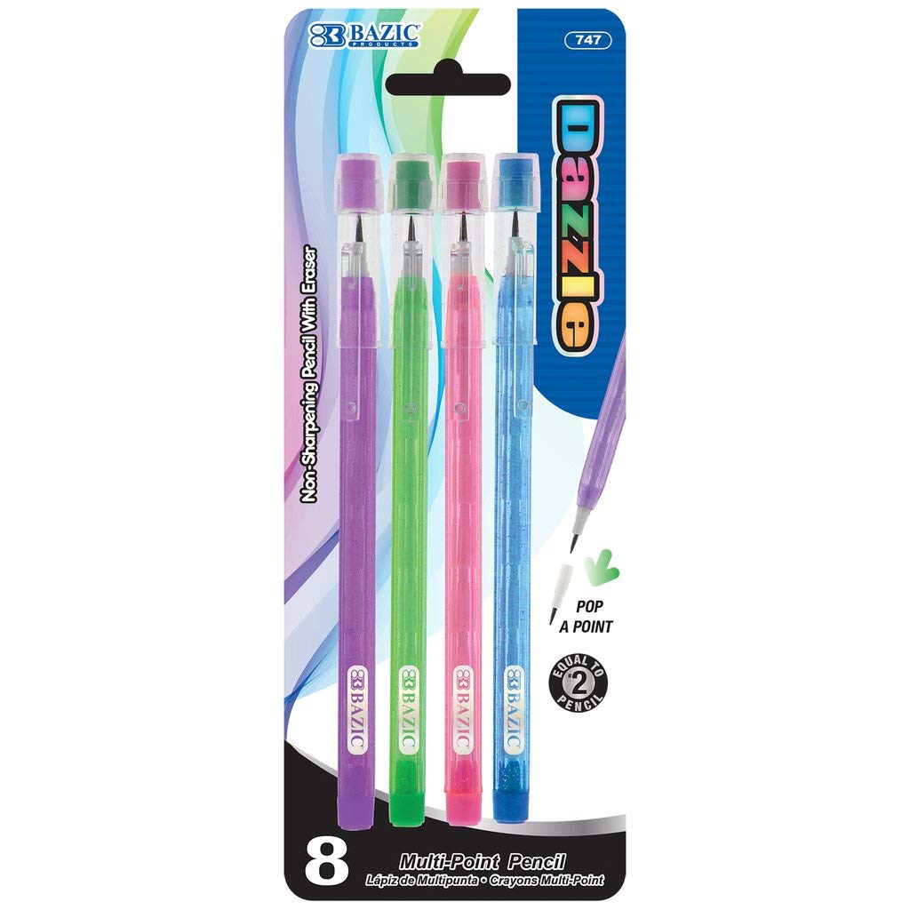 BAZIC Transparent Multi-Point Pencil. Non-Sharpening Pencil w/ Eraser (8/Pack)