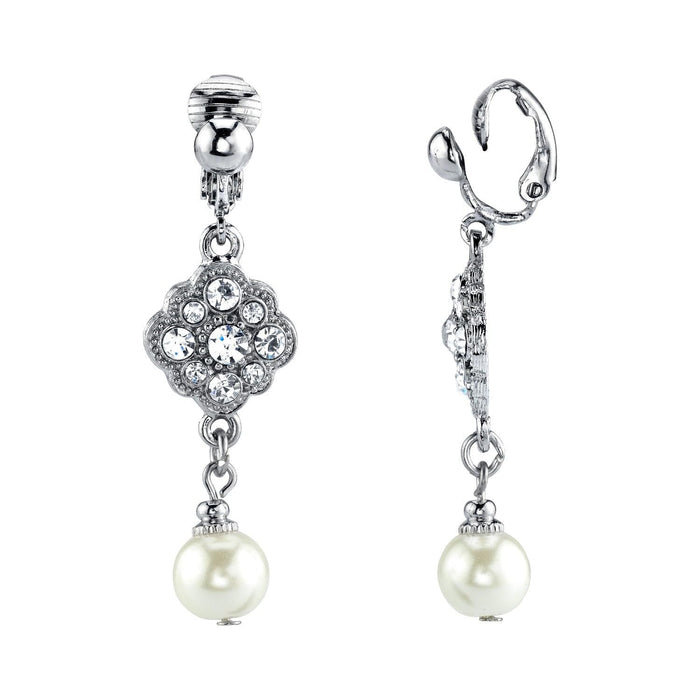 1928 Jewelry Women's Silver Tone Flower Crystal Cluster And Faux Pearl Clip On Earrings