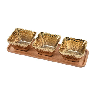 Pampa Bay Gold Porcelain Entertaining Set, 3 Square Snack Bowls with Wood Tray