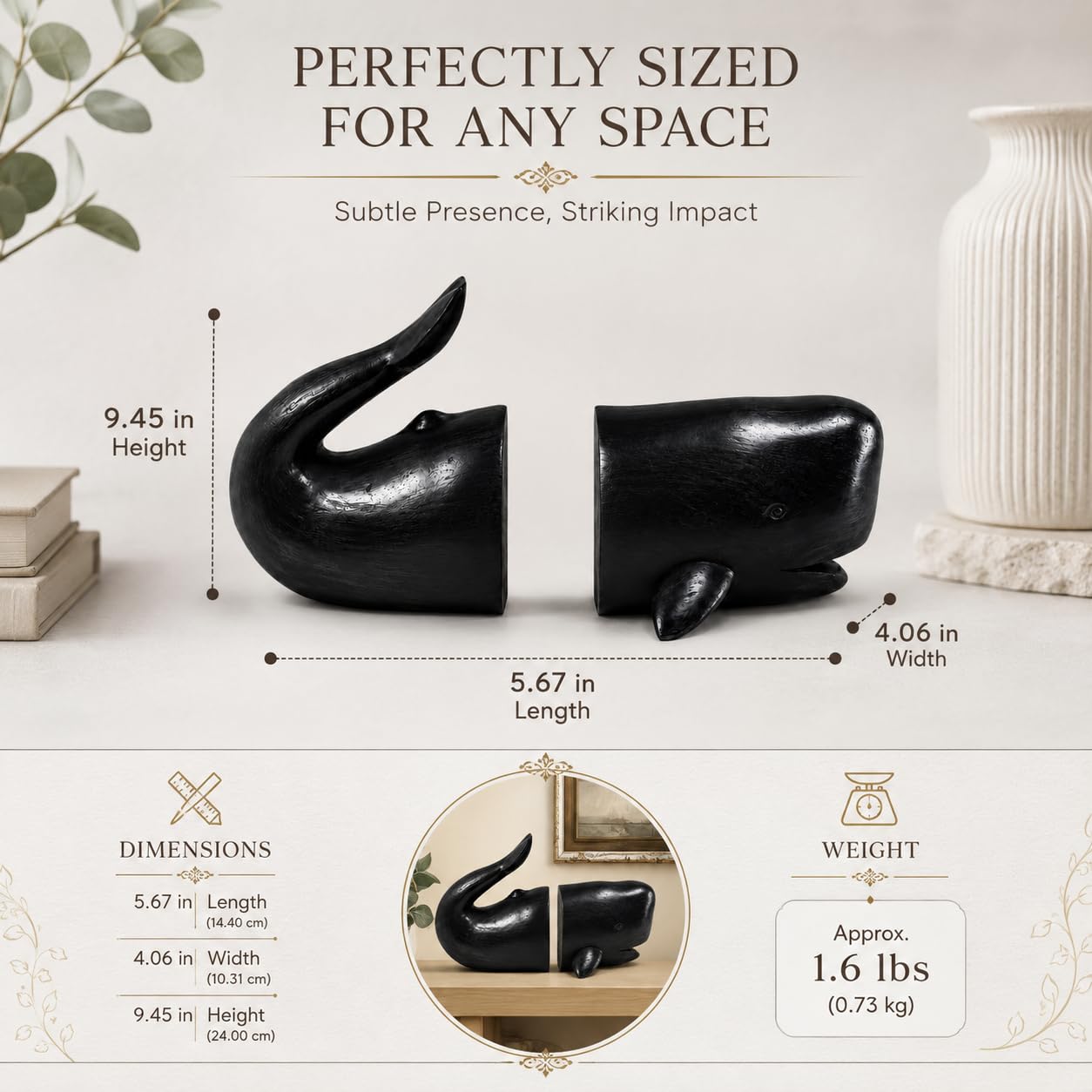 Comfy Hour Farmhouse Home Decor Collection Resin Set 2 Whale Bookends Art Bookends Solid Heavy Weight, Black