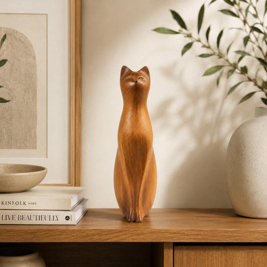 Comfy Hour Farmhouse Home Decor Collection 8" Decorative Kitty Statue Sitting Cat Figurine, Wood Grain Smooth Finish, Polyresin