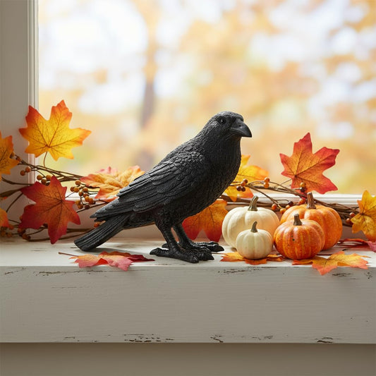 Comfy Hour Fairyland Collection 7" Black Feather Standing Crow Bird Halloween Decorative Figurine, Black, Polyresin