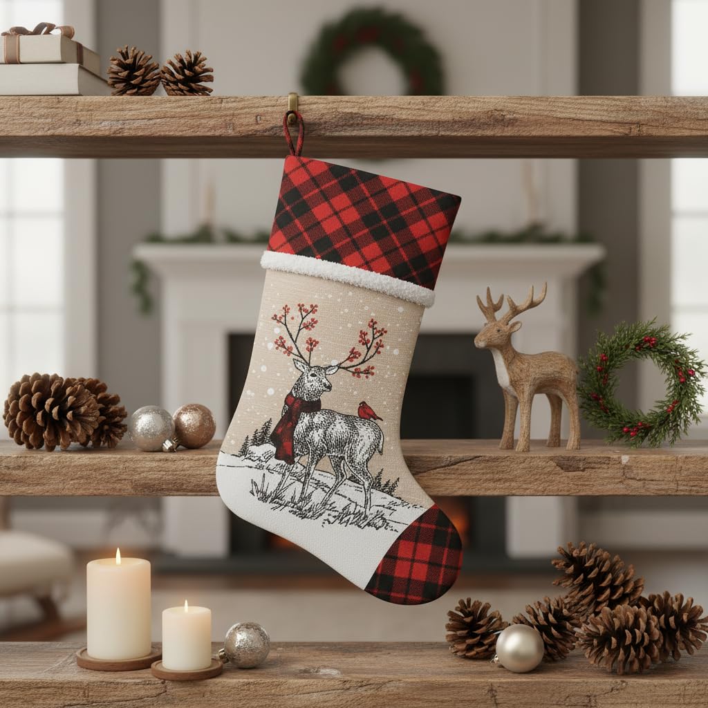 Comfy Hour Joyful Holiday Collection 20" Christmas Wreathed Reindeer Stocking, Polyester