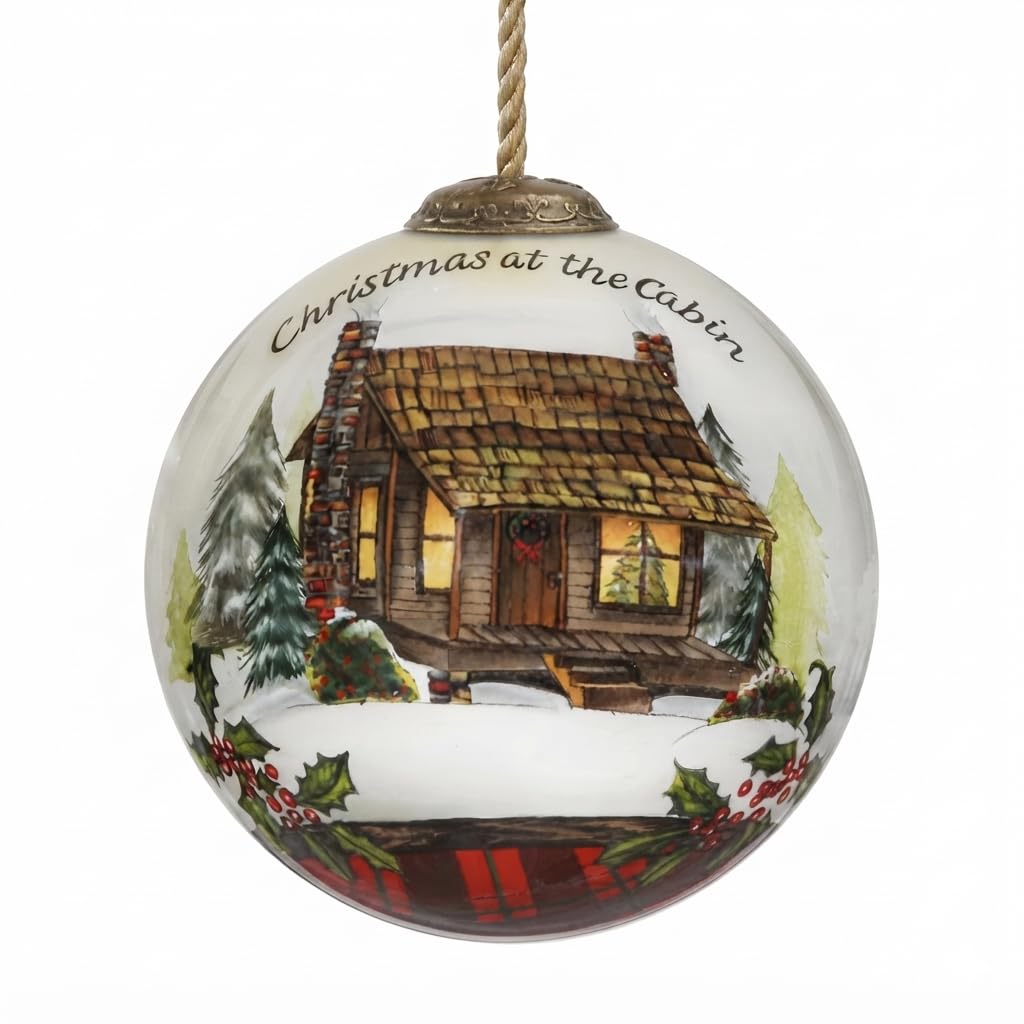 Inner Beauty Gifts Hand-Painted Glass Cabin Ornament, 3-Inch Round Holiday Tree Decoration with Gift Box