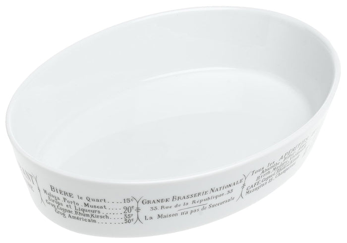 Pillivuyt Brasserie Deep Oval Baker, 9x12.5 inch, White/Menu Print