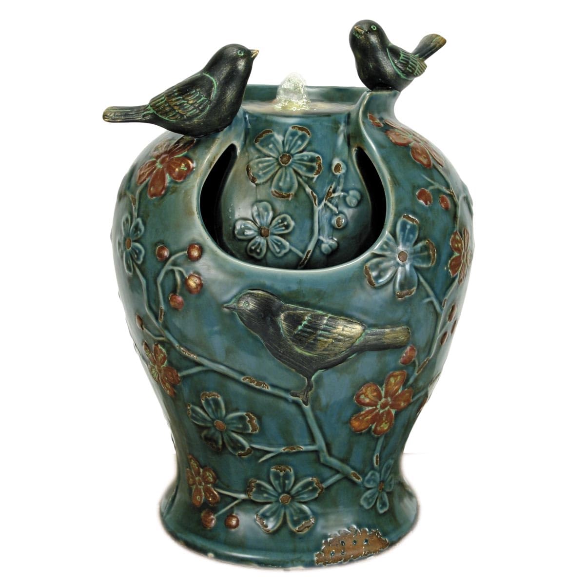 Foreside Home & Garden Blue Verdigris Bird Indoor Water Fountain with LED Light and Pump