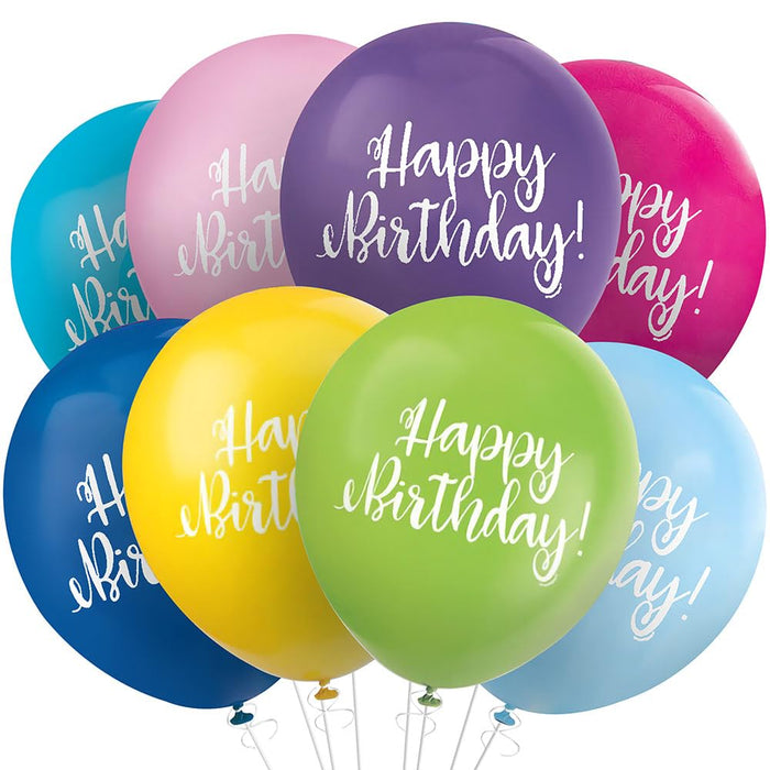 Unique Industries Assorted Color Script Birthday Latex Balloons, 8 Ct.