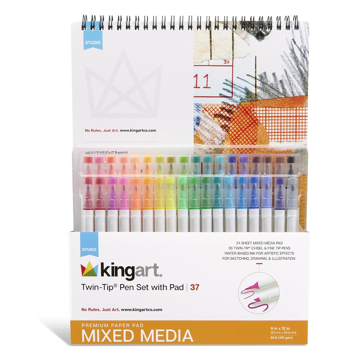 KINGART Twin-Tip Pen Set 36 Vivid Colors + 9x12 Mixed Media Pad 24 Sheets. Water-Based Ink; Broad Chisel & Fine Tips for Art, Lettering, Blending, & Detail.
