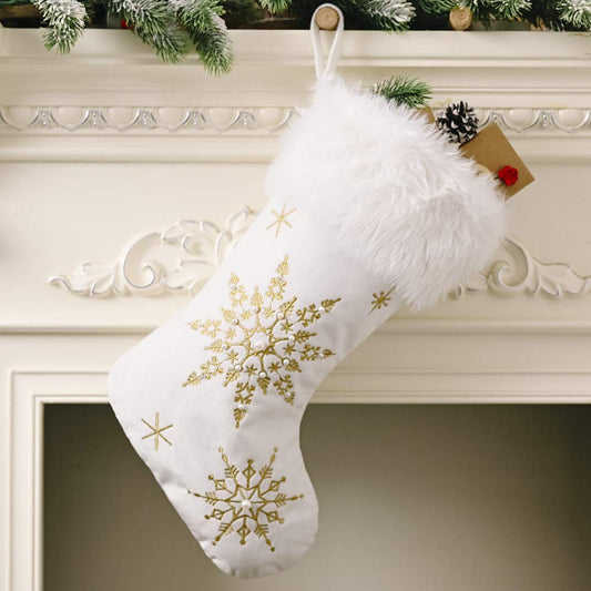 Comfy Hour 18 Inch White and Gold Christmas Stocking, Snowflake Decor
